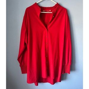Soft Surroundings Red Vivian Ruffle Trim Button Down Shirt Blouse Tunic 2X